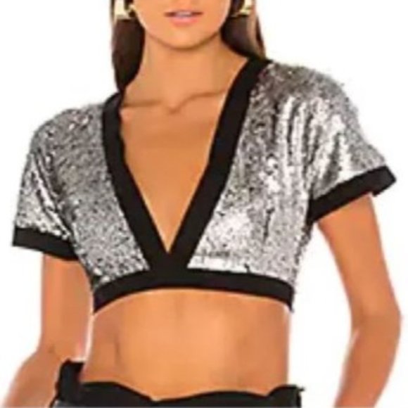 Superdown Sequin Crop Top Plunging V Neckline Square Cutout Back Disco Ball M - Picture 1 of 10